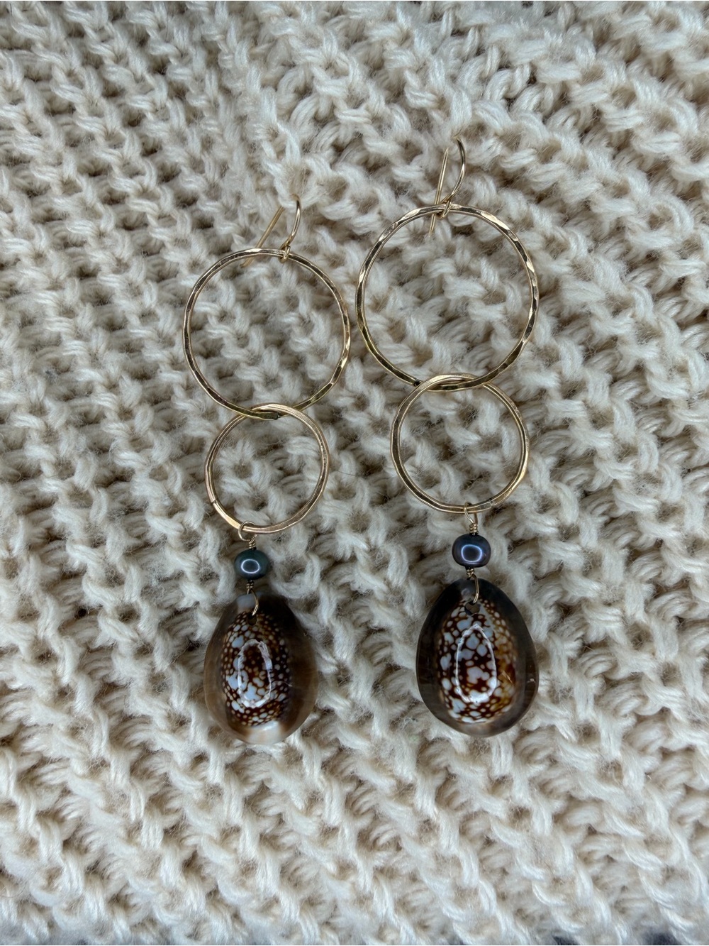 14K Gold Hoop Shell Drop Earrings - Picture 5 of 7